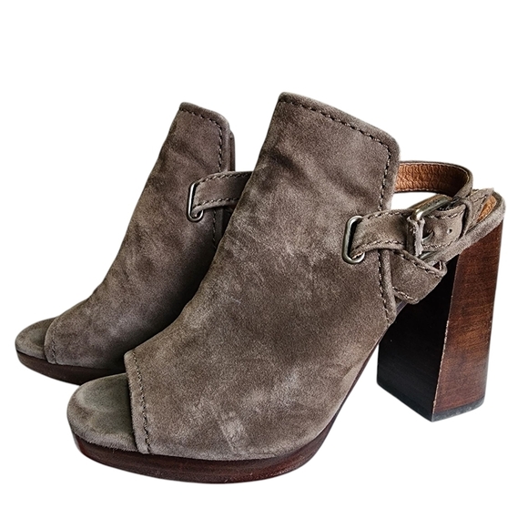 FRYE Karissa Brown Suede Mules with Chunky Wooden Heel and Peep-Toe - 8M - Picture 2 of 10